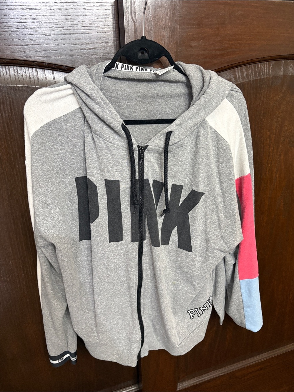 PINK Gray Hoodie with Pink & Light Blue Colorblock Sleeves